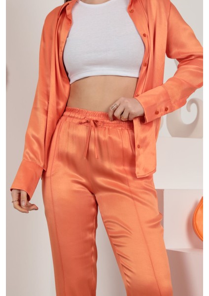 Saten Kumaş Beli Lastikli Kadın Pantolon-Oranj fiyatları