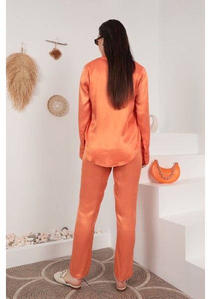Saten Kumaş Beli Lastikli Kadın Pantolon-Oranj modelleri