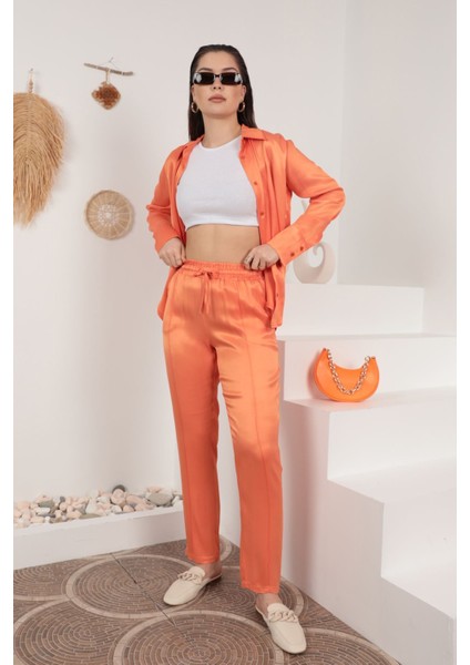 Saten Kumaş Beli Lastikli Kadın Pantolon-Oranj fırsatları