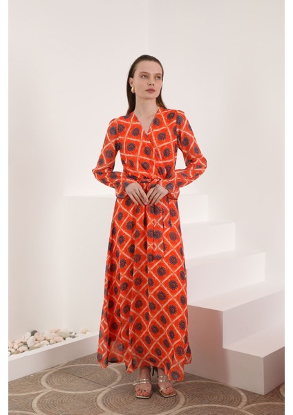 Şifon Kumaş Çiçekli Armür Desen Kadın Elbise-Oranj