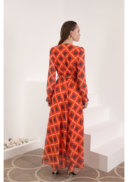 Şifon Kumaş Çiçekli Armür Desen Kadın Elbise-Oranj fiyatları