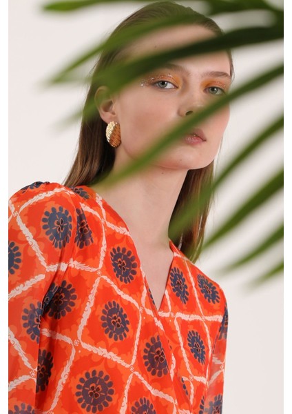 Şifon Kumaş Çiçekli Armür Desen Kadın Elbise-Oranj modelleri