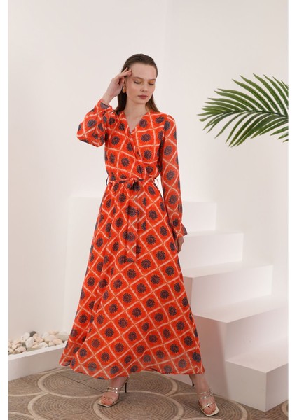 Şifon Kumaş Çiçekli Armür Desen Kadın Elbise-Oranj fırsatları