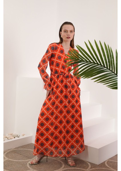 Şifon Kumaş Çiçekli Armür Desen Kadın Elbise-Oranj indirimleri