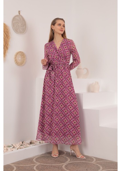 Şifon Kumaş Çiçekli Armür Desen Kadın Elbise-Pudra