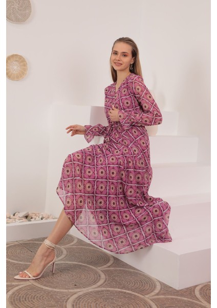 Şifon Kumaş Çiçekli Armür Desen Kadın Elbise-Pudra indirimleri