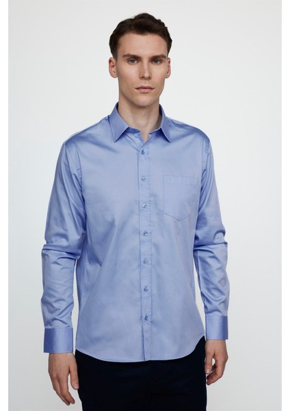 Klasik Fit Pamuk Saten Erkek Mavi Gömlek
