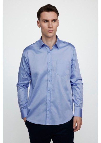 Klasik Fit Pamuk Saten Erkek Mavi Gömlek fiyatları