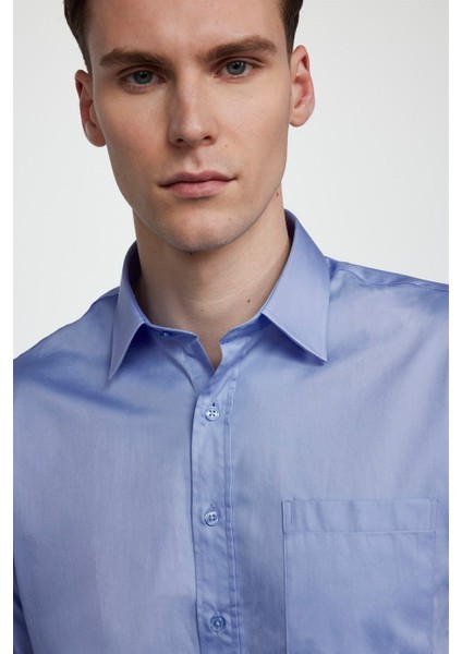 Klasik Fit Pamuk Saten Erkek Mavi Gömlek modelleri