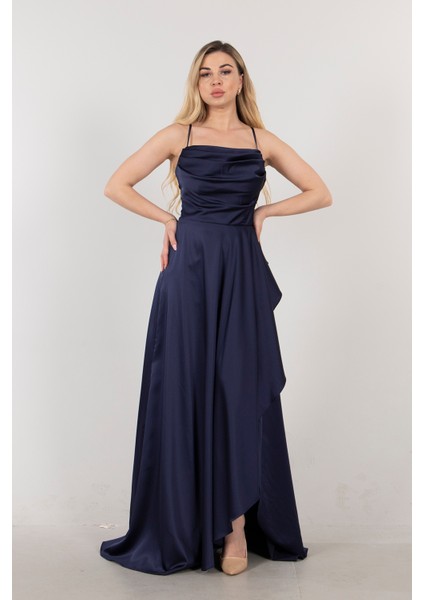 Lacivert Yırtmaç Detaylı Saten Abiye Elbise 4522348.02 fiyatları