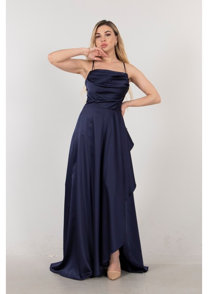 Lacivert Yırtmaç Detaylı Saten Abiye Elbise 4522348.02 modelleri