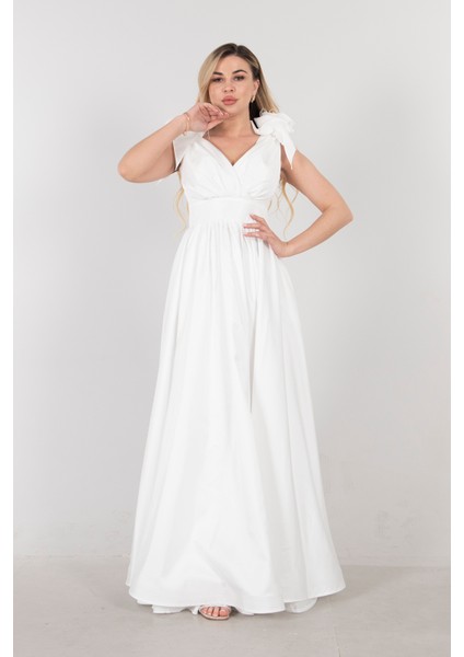 Ekru Omuzları Çiçek Detaylı V Yaka Saten Abiye 1302049.147 modelleri