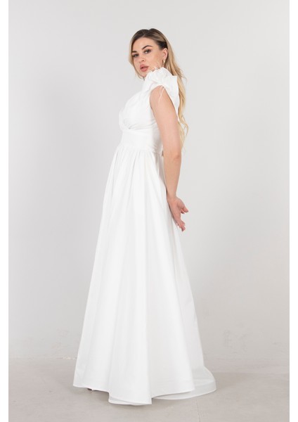 Ekru Omuzları Çiçek Detaylı V Yaka Saten Abiye 1302049.147 indirimleri