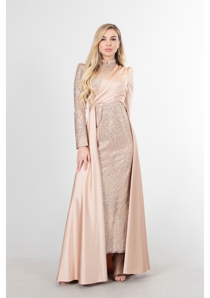Bej Drape ve Kuyruk Detaylı Simli Abiye Elbise 6502422.55