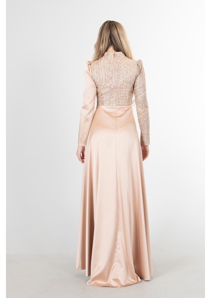 Bej Drape ve Kuyruk Detaylı Simli Abiye Elbise 6502422.55 indirimleri