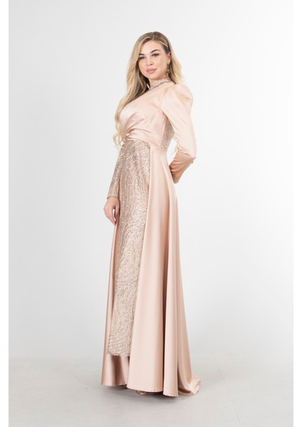 Bej Drape ve Kuyruk Detaylı Simli Abiye Elbise 6502422.55 modelleri