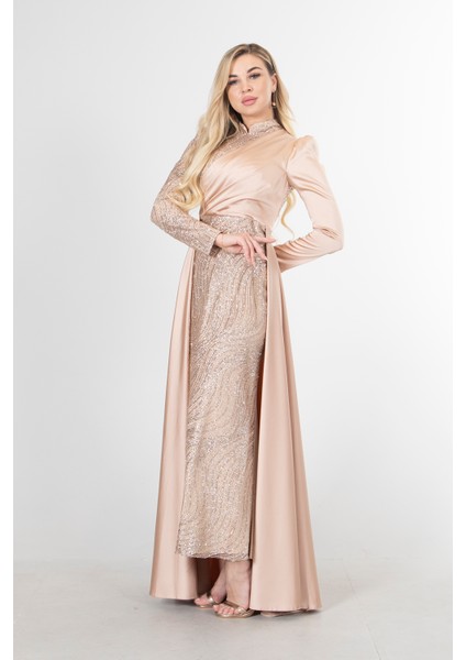 Bej Drape ve Kuyruk Detaylı Simli Abiye Elbise 6502422.55 fırsatları