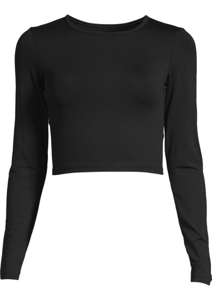 Siyah Kadın O Yaka Dar Düz Uzun Kollu T-Shirt 21168-901 Crop Long Sleeve