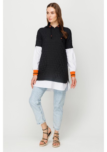 Puffer Detaylı Kapişonlu Tunik