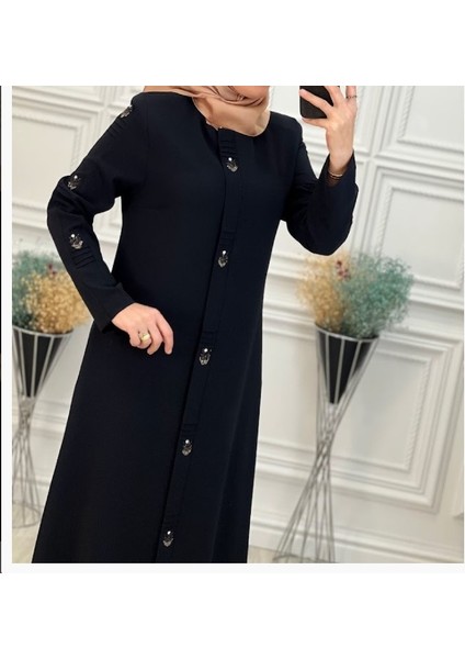 Önü ve Kolları Taş Detaylı Sıfır Yaka Boydan Ferace Qys 4079 #23-01#