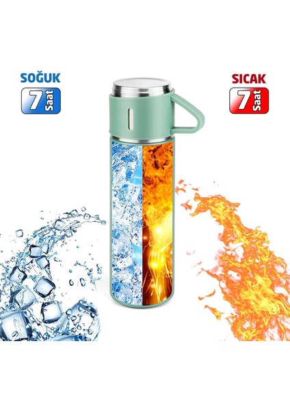 6004 Kupa Bardaklı Paslanmaz Çelik Termos Seti 500 ml - Yeşil