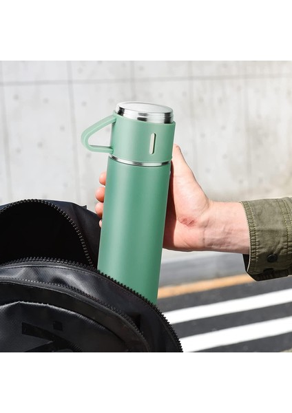 6004 Kupa Bardaklı Paslanmaz Çelik Termos Seti 500 ml - Yeşil