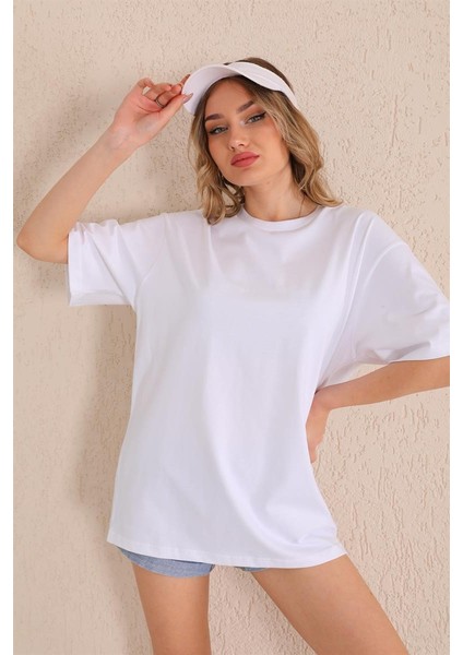 Beyaz Bisiklet Yaka Kadın Oversize T-Shirt MW5784