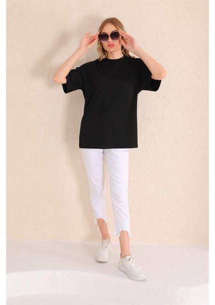 Siyah Bisiklet Yaka Kadın Oversize T-Shirt MW5784