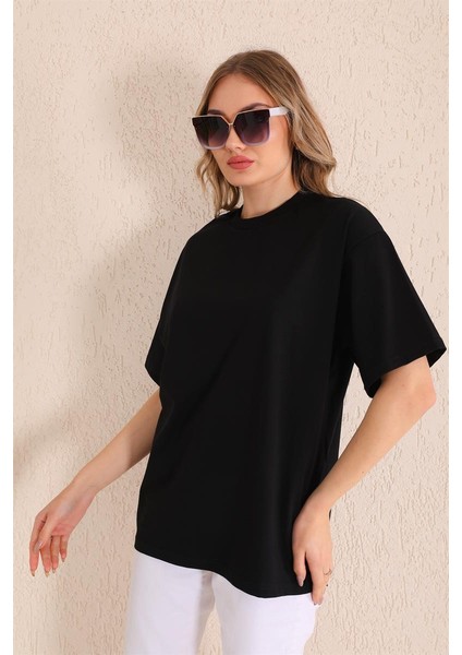 Siyah Bisiklet Yaka Kadın Oversize T-Shirt MW5784