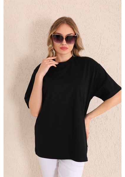 Siyah Bisiklet Yaka Kadın Oversize T-Shirt MW5784