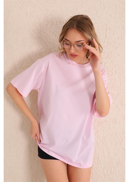 Toz Pembe Bisiklet Yaka Kadın Oversize T-Shirt MW5784