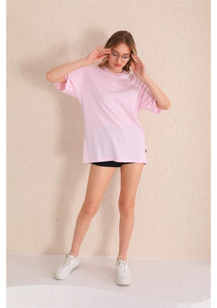 Toz Pembe Bisiklet Yaka Kadın Oversize T-Shirt MW5784