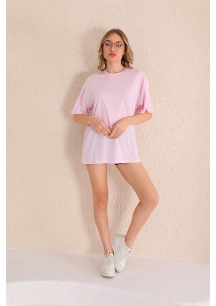 Toz Pembe Bisiklet Yaka Kadın Oversize T-Shirt MW5784