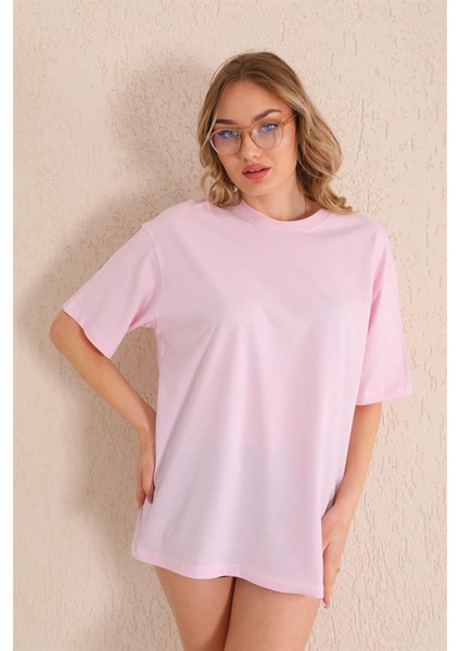 Toz Pembe Bisiklet Yaka Kadın Oversize T-Shirt MW5784