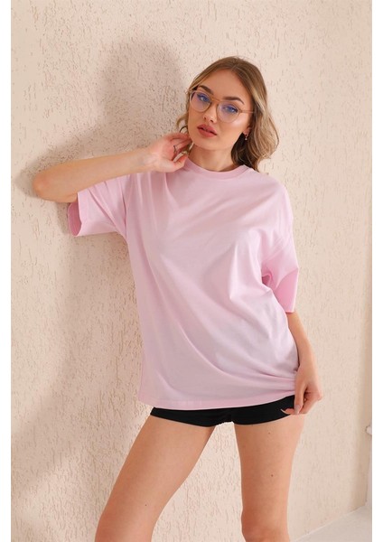 Toz Pembe Bisiklet Yaka Kadın Oversize T-Shirt MW5784