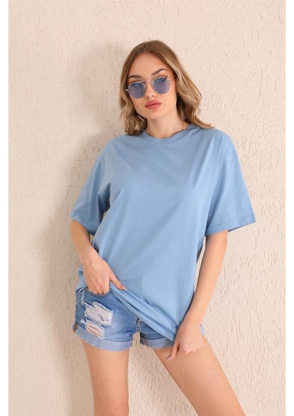 Bebe Mavisi Bisiklet Yaka Kadın Oversize T-Shirt MW5784