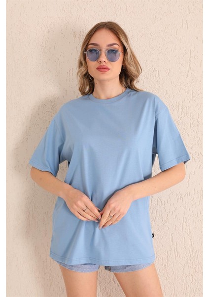 Bebe Mavisi Bisiklet Yaka Kadın Oversize T-Shirt MW5784