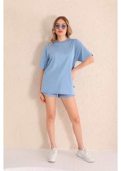 Bebe Mavisi Bisiklet Yaka Kadın Oversize T-Shirt MW5784