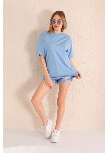 Bebe Mavisi Bisiklet Yaka Kadın Oversize T-Shirt MW5784