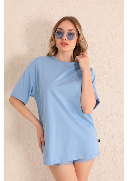 Bebe Mavisi Bisiklet Yaka Kadın Oversize T-Shirt MW5784