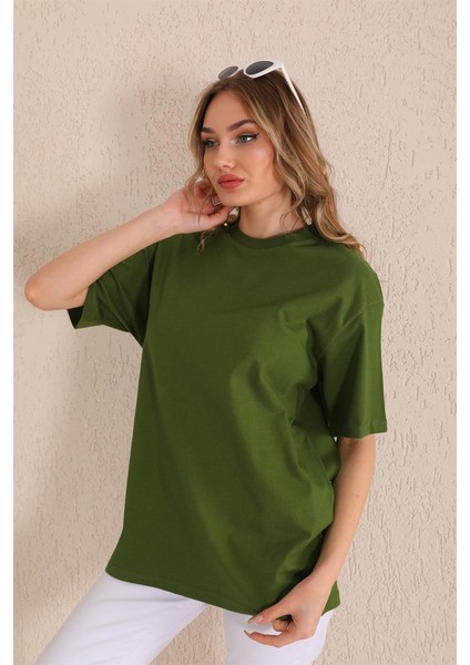 Haki Bisiklet Yaka Kadın Oversize T-Shirt MW5784