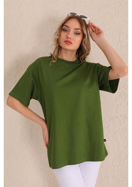 Haki Bisiklet Yaka Kadın Oversize T-Shirt MW5784