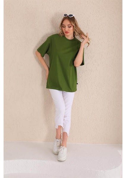 Haki Bisiklet Yaka Kadın Oversize T-Shirt MW5784