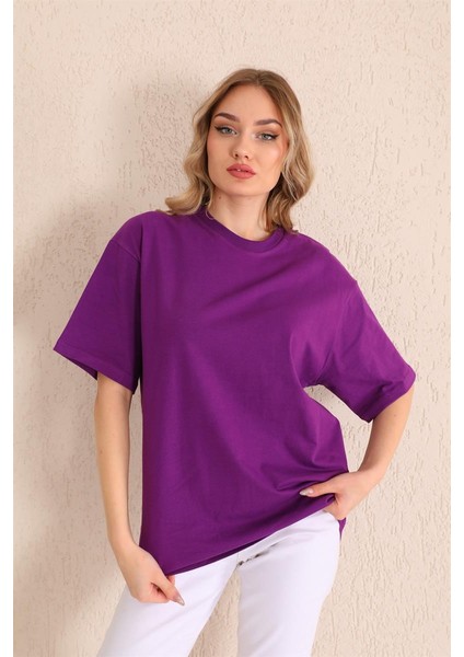 Mor Bisiklet Yaka Kadın Oversize T-Shirt MW5784