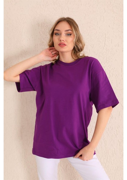 Mor Bisiklet Yaka Kadın Oversize T-Shirt MW5784