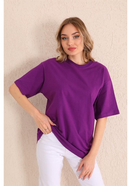 Mor Bisiklet Yaka Kadın Oversize T-Shirt MW5784