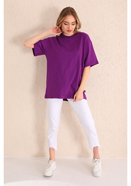 Mor Bisiklet Yaka Kadın Oversize T-Shirt MW5784