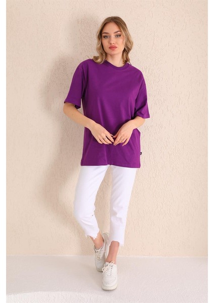 Mor Bisiklet Yaka Kadın Oversize T-Shirt MW5784