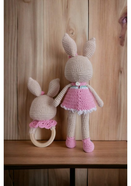 Sevimli Tavşan Amigurumi Örgü Oyuncak ve Çıngırak Yenidoğan 2'li Set Örgü Bebek