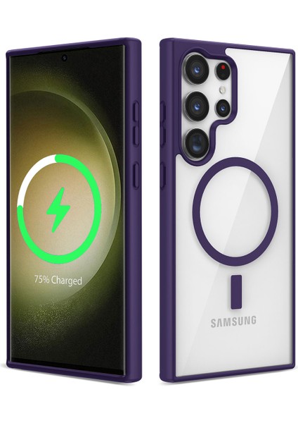 Galaxy S22 Ultra Magsafe Şarj Özellikli Arkası Sararmaz Sert Şeffaf Kenarları Renkli Silikon Kılıf